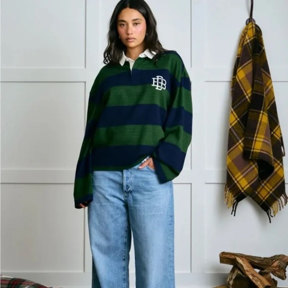 Striped Rugby Polo Long Sleeve Top - Green/Navy